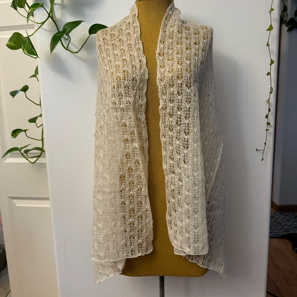 Vintage Mohair Crochet Shawl Scarf Gold Lurex Ivory Boho Wrap Handmade Soft